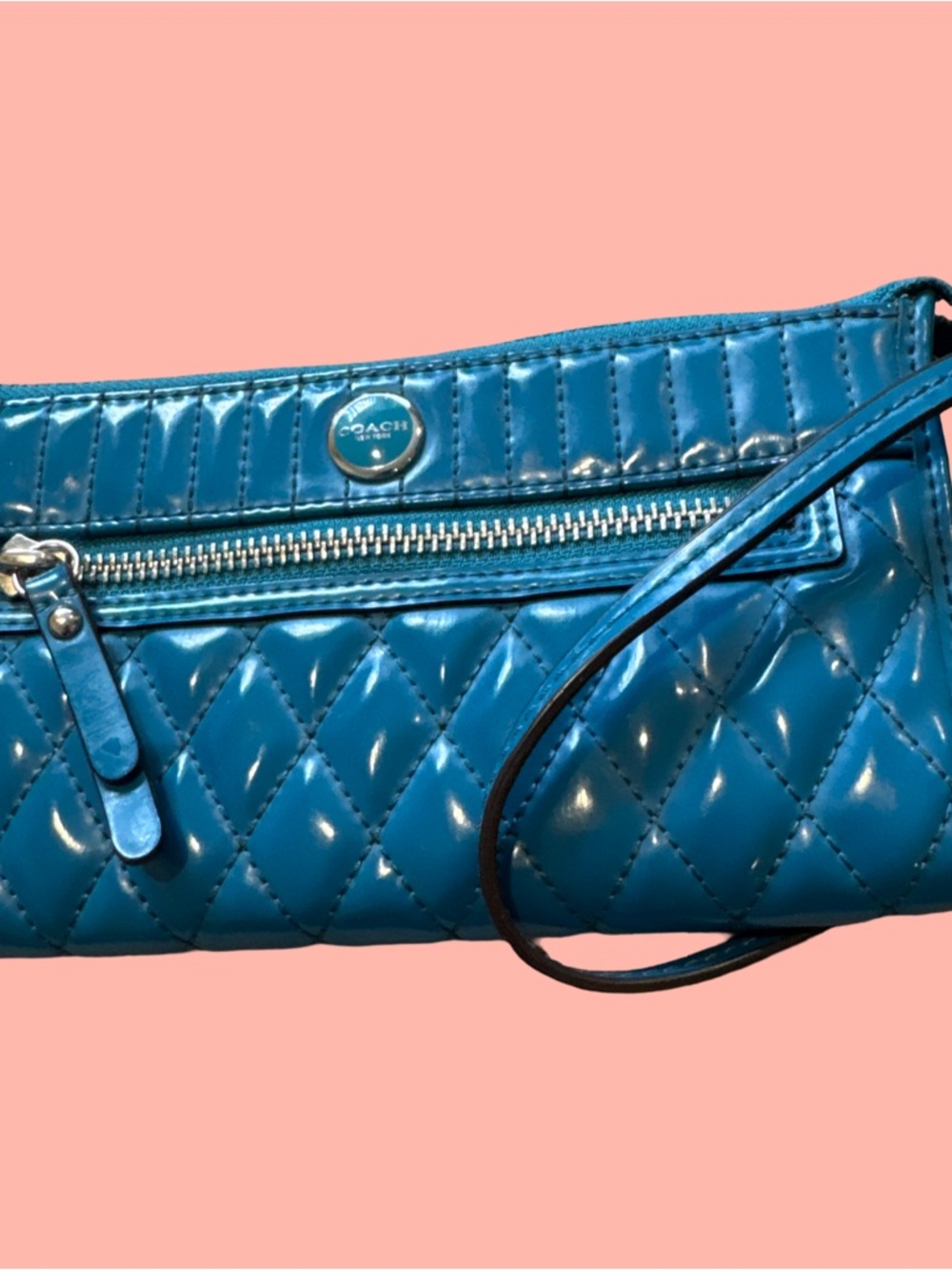 Coach Quilted Patent Leather Shoulder Tote in Teal Blue - Picture 2 of 4